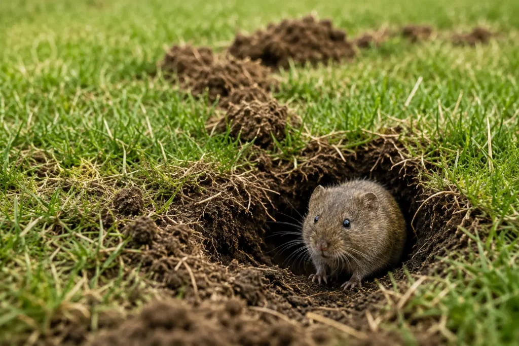 why are voles destroying my lawn