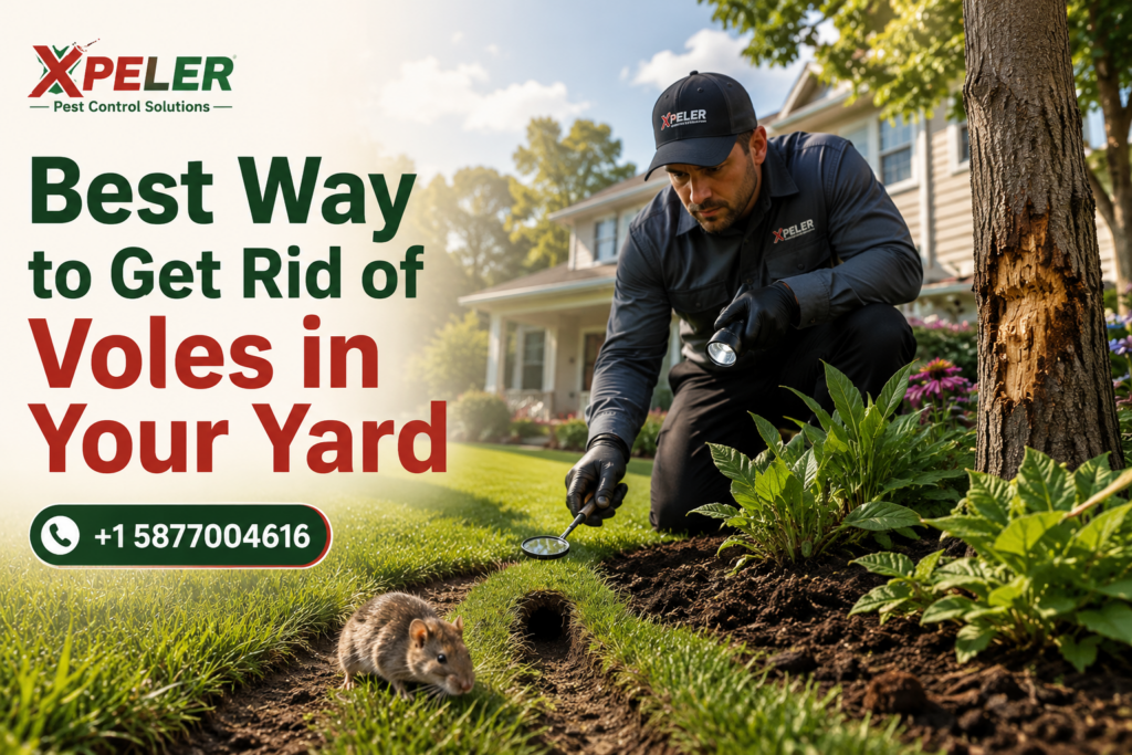 Suggested title to add later BEST WAY TO GET RID OF VOLES IN YOUR YARD Optional subtitle: Safe & Effective Vole Control Solutions Alternative — More Professional Pest-Control Style Ultra-realistic commercial pest-control photograph, 16:9. A professional wildlife pest-control technician inspecting a suburban backyard for vole activity, kneeling beside a lawn where clearly visible narrow vole runways lead toward a small burrow opening. A realistic small brown vole is visible near the edge of the garden bed. Include subtle plant damage and bark chewing on a young tree to communicate the problem without making the scene look messy. Technician wearing professional protective work clothing and gloves, holding an inspection flashlight and clipboard. Beautiful residential backyard, healthy lawn, landscaped garden, natural daylight, premium Canadian pest-control company advertising aesthetic, realistic human anatomy, authentic wildlife photography, shallow depth of field, cinematic but natural lighting, high-end commercial photography, clean composition with space for headline. No text, no branding, no watermark.